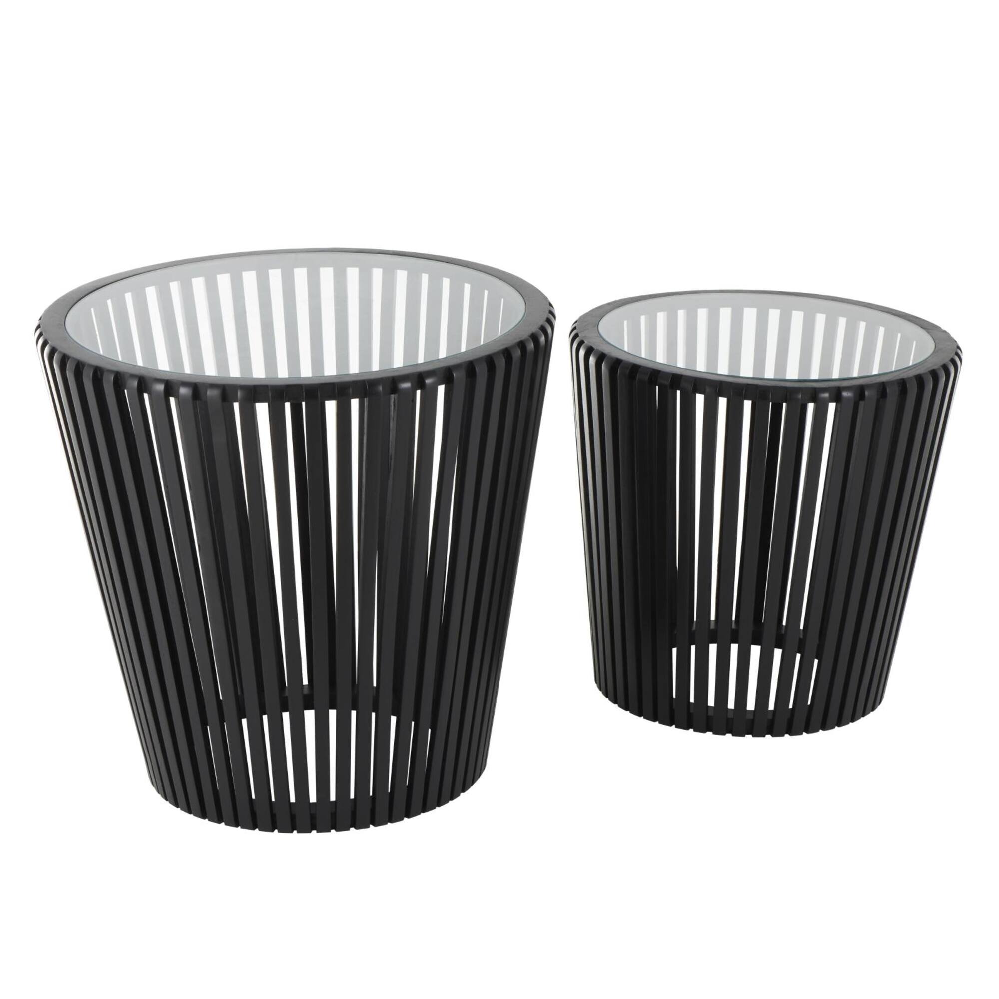 Black Wood Cage Inspired Accent Table with Clear Glass Tabletop Set